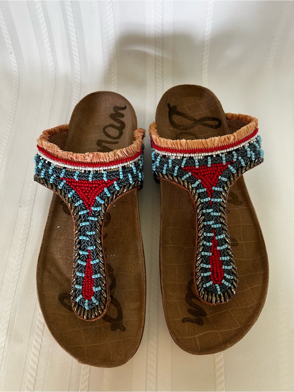 Sam Edelman Olivie Womens 9 Beaded Thong Sandals Boho Red Turquoise Brown